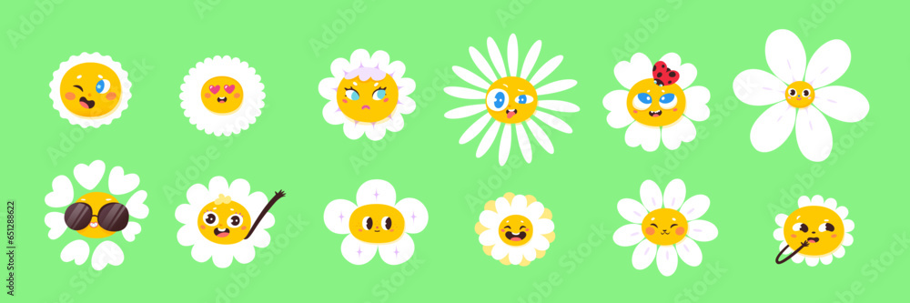 Cute daisy flower characters set vector illustration. Cartoon isolated funny chamomile faces smile and wink, with hearts or sunglasses on eyes and ladybug on white petals, happy positive emotions
