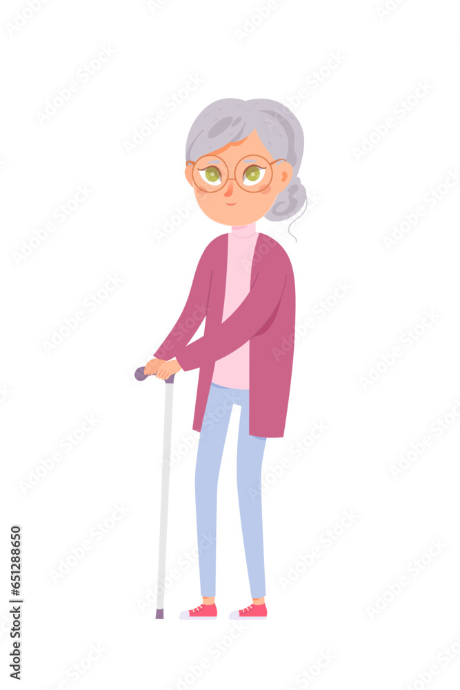 Old woman with cane flat vector illustration. Lonely lady cartoon character. Aged gray hair dame with wrinkles. Elderly care, nursing home isolated design element Old woman with cane flat vector illustration. Lonely lady cartoon character. Aged gray hair dame with wrinkles. Elderly care, nursing home isolated design element