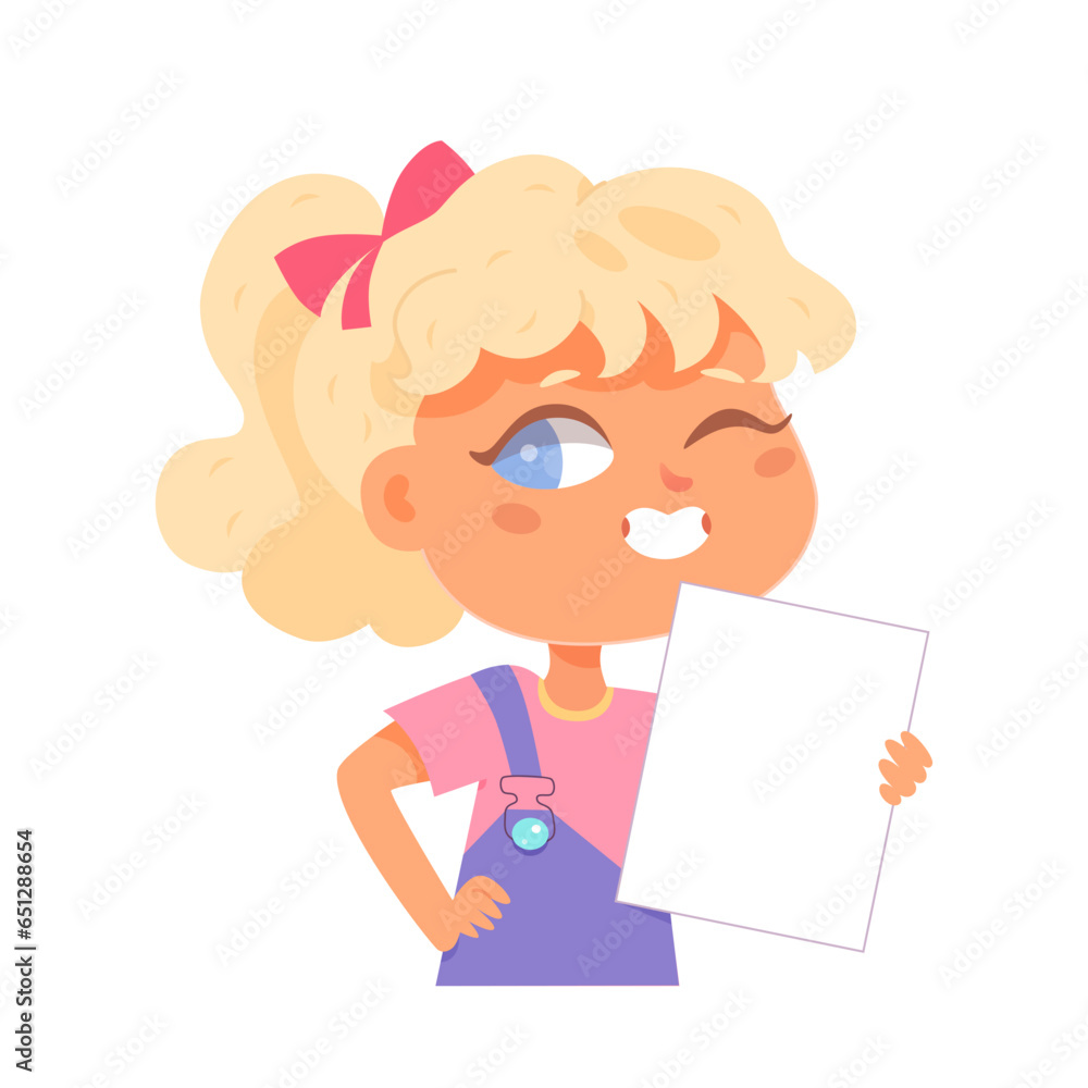 Pretty girl demonstrating empty paper sheet while creating drawings at home or in school. Learning, enjoy, education, playing concept. Feeling happy and fun vector illustration Pretty girl demonstrating empty paper sheet while creating drawings at home or in school. Learning, enjoy, education, playing concept. Feeling happy and fun vector illustration