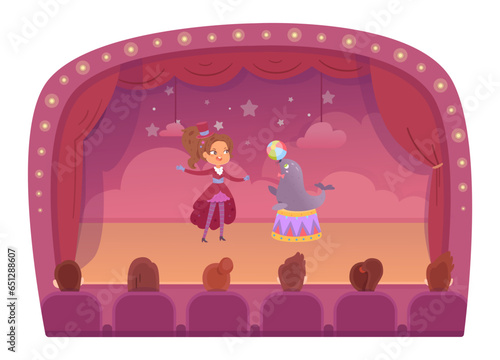 Circus characters perform juggling show vector illustration. Cartoon cute seal juggler playing ball on podium and trainer in vintage tuxedo, carnival performance of happy animal and funny girl