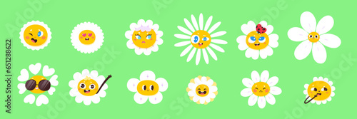 Cute daisy flower characters set vector illustration. Cartoon isolated funny chamomile faces smile and wink, with hearts or sunglasses on eyes and ladybug on white petals, happy positive emotions
