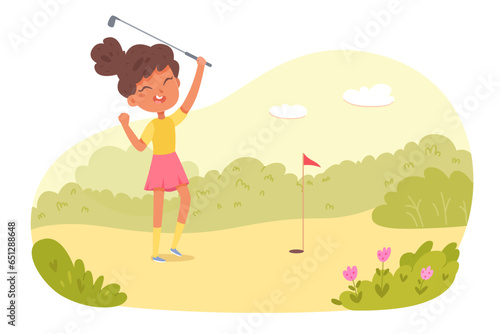 Happy golfer winning vector illustration. Cartoon isolated young girl holding golf club, hitting ball to hole with red triangle flag on pole, victory of player character playing professional golf