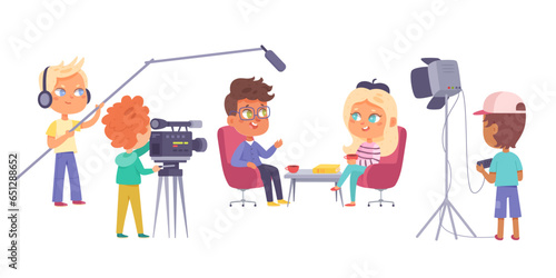 Interview talk show with celebrity and backstage team, guest and host sitting in chairs