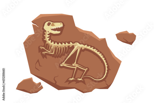 Dinosaur fossil vector illustration. Cartoon isolated jurassic dino character silhouette inside underground stone, skeleton bones and skull of prehistoric dead animal, old mesozoic extinct monster