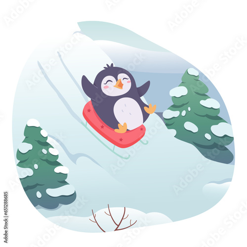 Cute penguin sledding outdoor vector illustration. Cartoon baby penguin sledging, fun ride downhill of happy animal, Christmas recreation activity and game in winter cold season and holidays