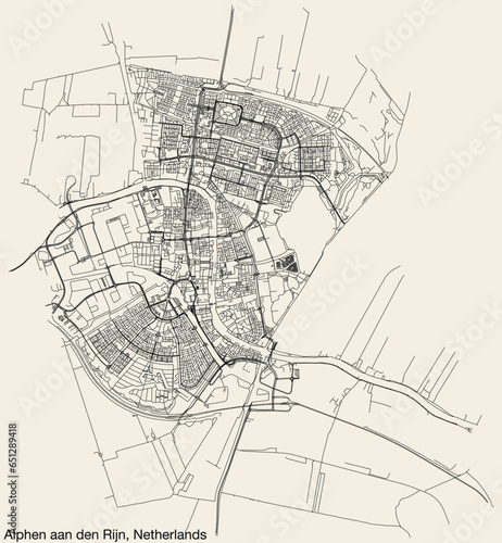 Detailed hand-drawn navigational urban street roads map of the Dutch city of ALPHEN AAN DEN RIJN, NETHERLANDS with solid road lines and name tag on vintage background