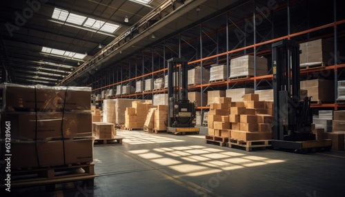 Busy Warehouse Organized Shelves and Freight Transportation in Business Building. Building with shelves, neatly stacked boxes, and a room for logistics and industry