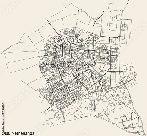 Detailed hand-drawn navigational urban street roads map of the Dutch city of OSS, NETHERLANDS with solid road lines and name tag on vintage background