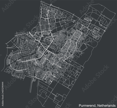 Detailed hand-drawn navigational urban street roads map of the Dutch city of PURMEREND, NETHERLANDS with solid road lines and name tag on vintage background photo