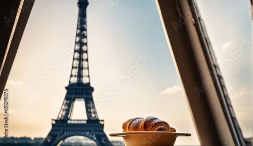 Delicious french croissants on romantic background of Eiffel tower, Paris. Based on 