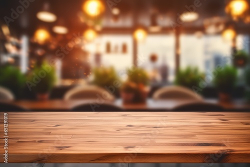 Wooden table top on blur kitchen room background