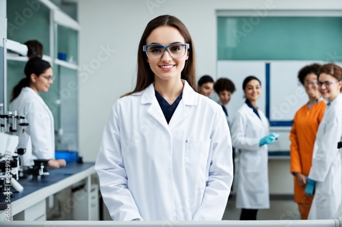 Attractive Female Researcher in Lab Coat and Glasses at a Contemporary Medical Science Lab with Colleagues in the Background.