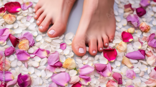 Groomed women's feet close-up, women's feet standing in petals of fresh flowers. Creative concept of spa foot care, heel care, pedicure.