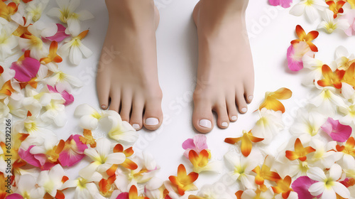 Groomed women's feet close-up, women's feet standing in petals of fresh flowers. Creative concept of spa foot care, heel care, pedicure.