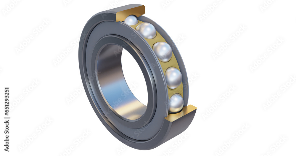 Industrial ball bearing assembly with a sectioned view displaying the outer race, bearing cage and balls Industrial ball bearing assembly with a sectioned view displaying the outer race, bearing cage and balls