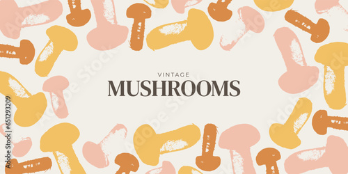 Abstract vector illustration of edible mushrooms. Graphic horizontal banner made of porcini in the shape of spots. Flat style. For menu design, covers, backgrounds, packaging