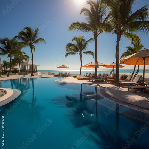 Empty resort pool at noon, clear sunny sky, view of ocean, sandy beach, shimmering pool water photo