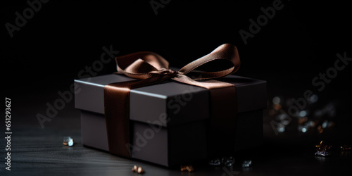 Black gift box with brown silk ribbon bow on a dark background. Beautiful Background for greeting card for Holiday, Birthday, Christmas, New Year, XMas, Anniversary, Father's day © maxa0109