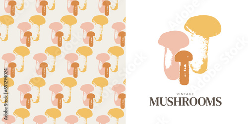 Seamless pattern of abstract mushrooms. Edible mushrooms in flat style. Forest plants. For menu design, covers, backgrounds, packaging