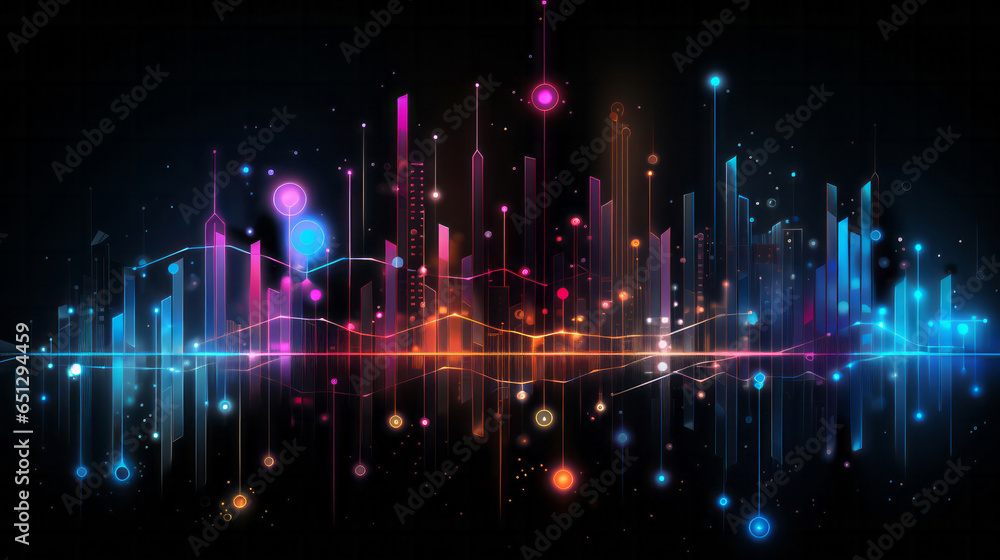 Colourful, digital financial graphs with particles. Stock market concept.