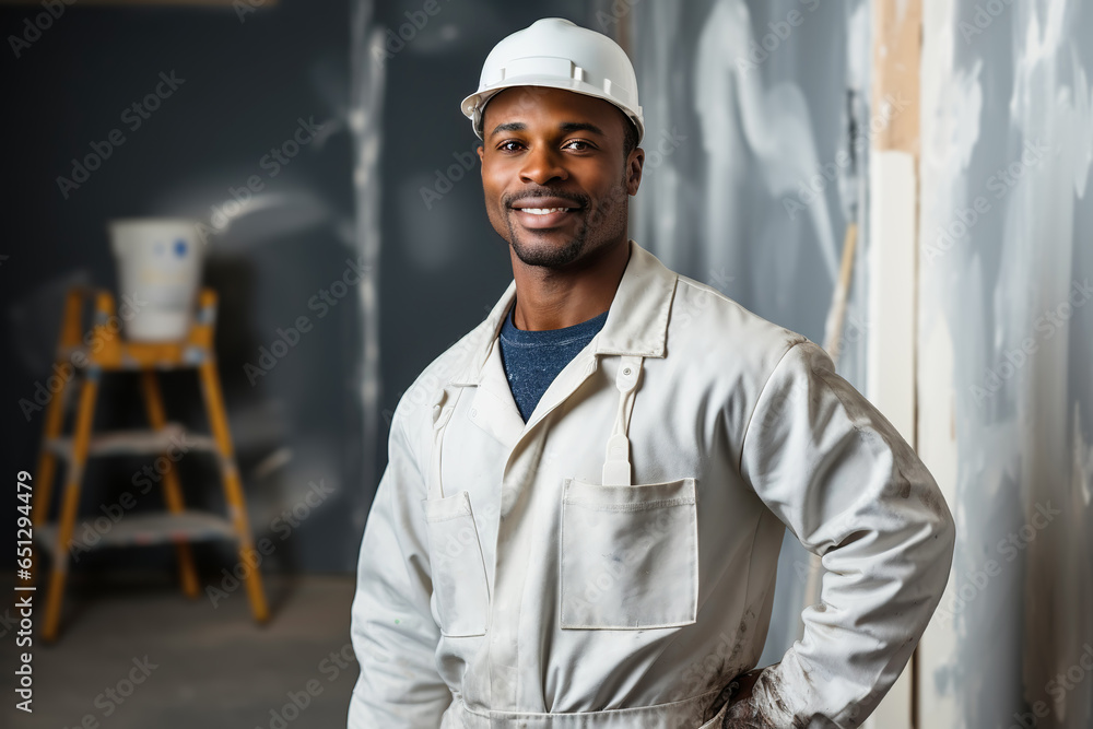 African american house painter male in renovation room. Decoration and improvement living or office interior. African american house painter male in renovation room. Decoration and improvement living or office interior.