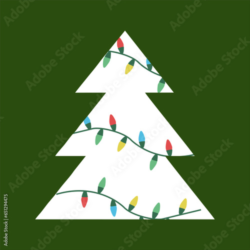 Christmas tree greeting card template. Geometry minimalism shape fir with Bright light garland. Vector illustration, Modern flat design. Holiday and festive card, poster, placard, invitation.