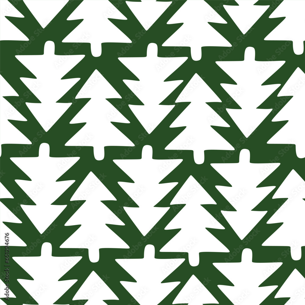 Obraz premium Vector seamless pattern with white Christmas trees on green background. Cute New Year pattern with evergreen fir trees for wrapping paper, Wallpaper, Poster, Textile and fabric.