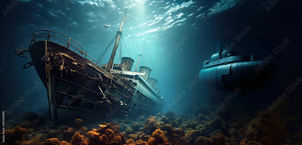 submarine is diving to underwater ship wreck - obrazy, fototapety, plakaty 