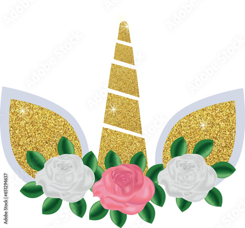 unicorn with glitter horn and roses on a transparent background