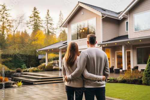 Rear view of young married couple chooses and buys house