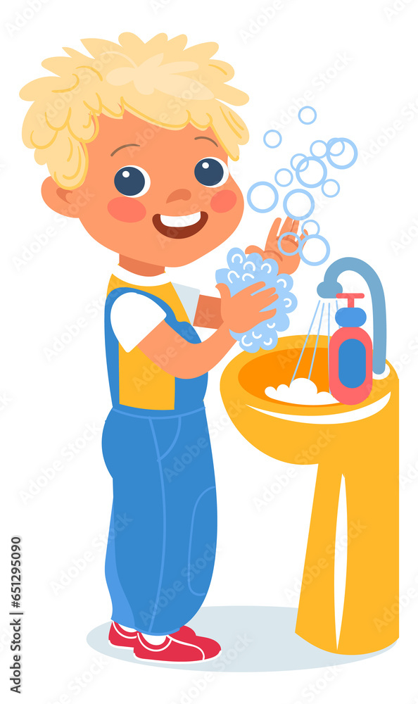 Boy cleaning hands with water and soap. Handwashing poster Boy cleaning hands with water and soap. Handwashing poster