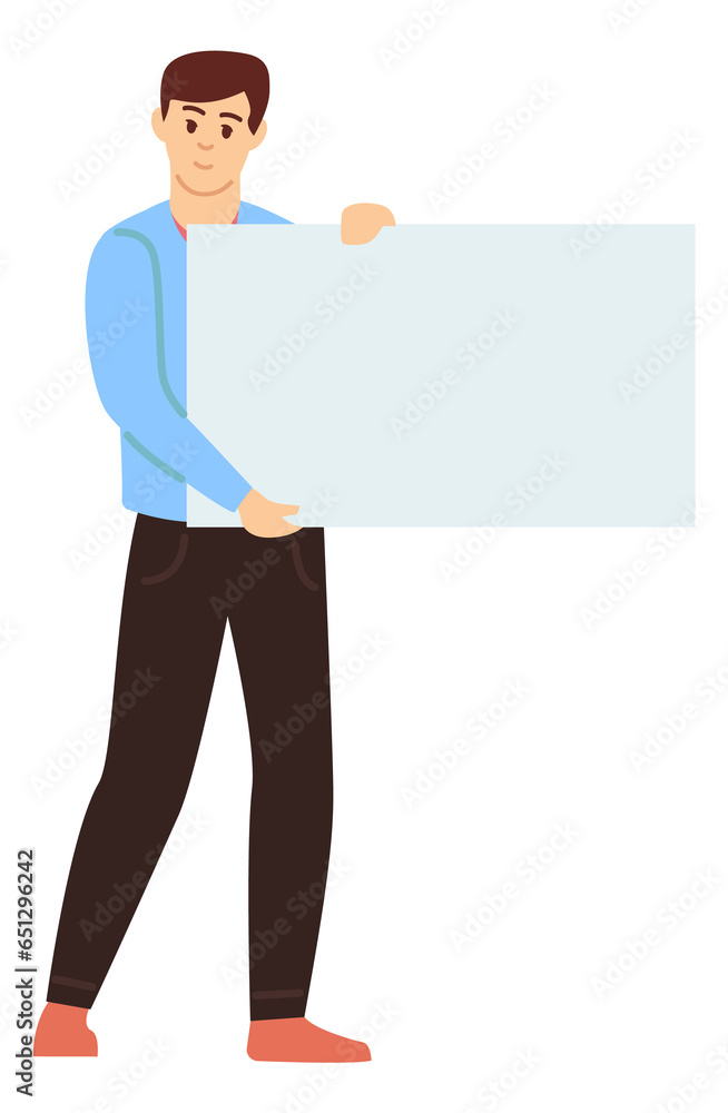 Man holding empty board. Paper banner template