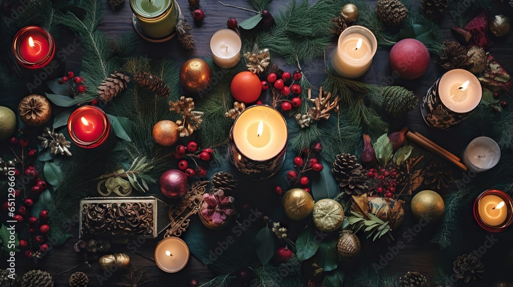  a table topped with lots of candles and christmas decorations on top of it.  generative ai