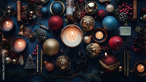  a group of christmas ornaments and candles on a table with a blue background. generative ai