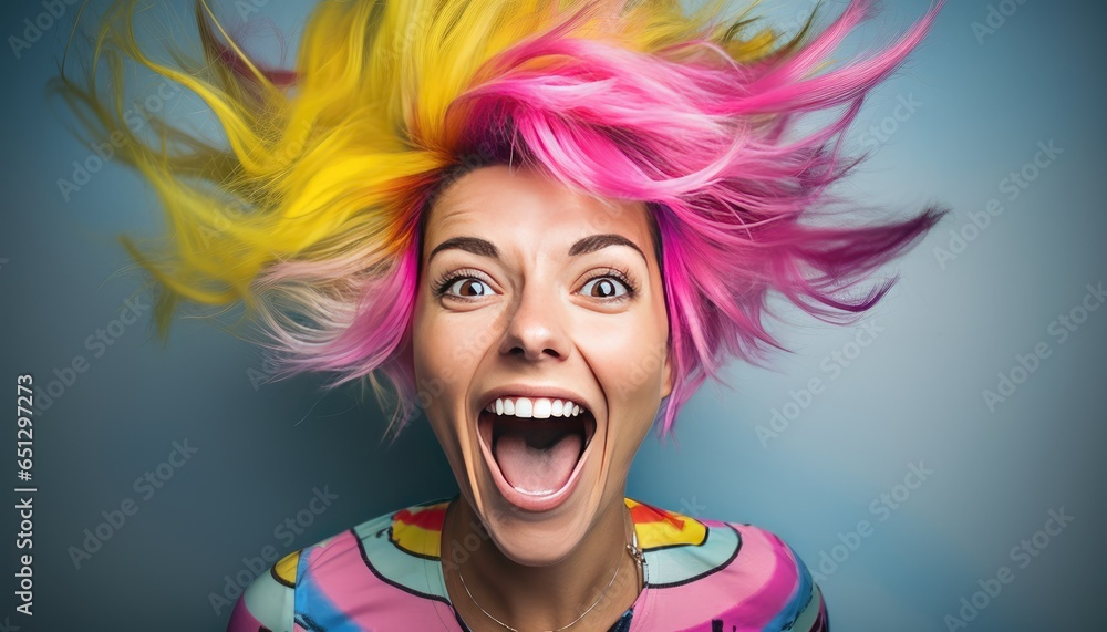 Smiling Young Adult with Fun Multi Colored Hairstyle. Dyed hair, vibrant smile; a young adult exudes happiness in a colorful portrait.
