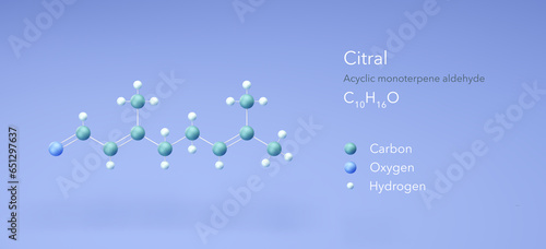 citral molecule, molecular structures, acyclic monoterpene aldehyde, 3d model, Structural Chemical Formula and Atoms with Color Coding photo