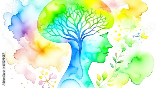 Watercolor illustration of a woman's profile symbolizing mental health