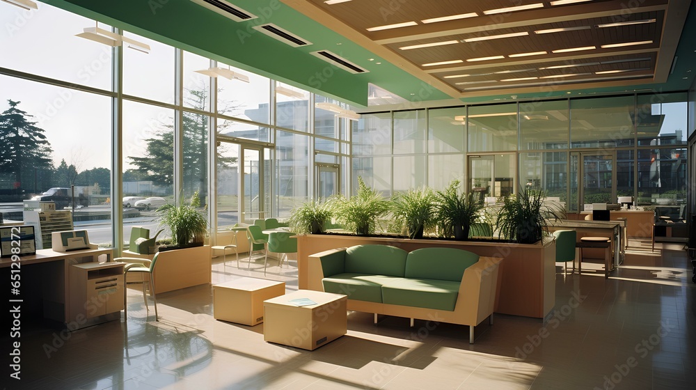 state-of-the-art bank branch incorporating green, sustainable design elements. modern and functional office style. generative AI state-of-the-art bank branch incorporating green, sustainable design elements. modern and functional office style. generative AI