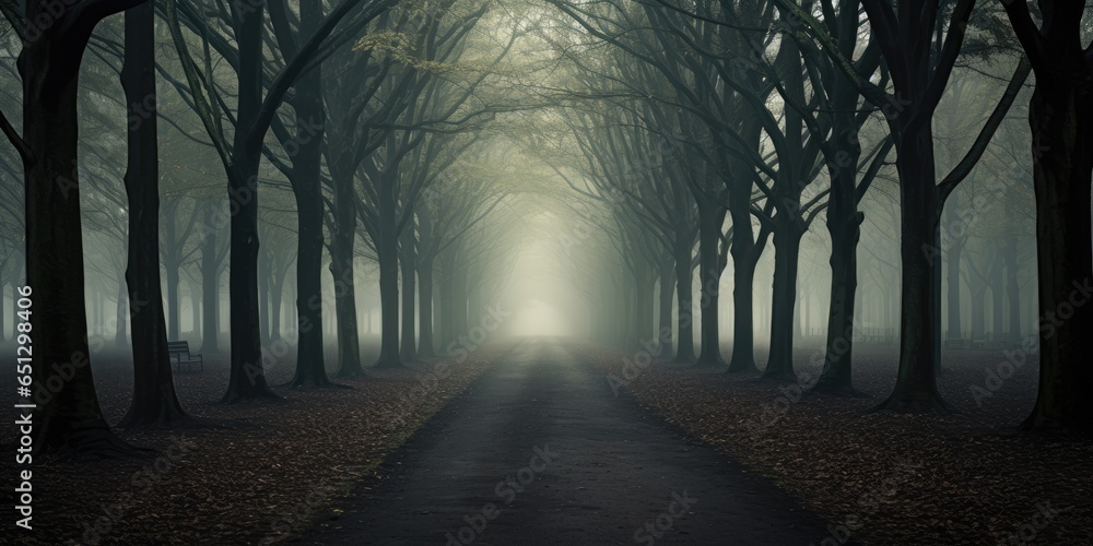 foggy misty dry trees in fall or winter. Road, driveway, path, boulevard, byway, route, track, trail, street, row of trees. - obrazy, fototapety, plakaty 