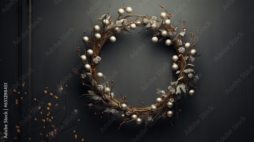 a wreath is hanging on a wall next to a plant. generative ai a wreath is hanging on a wall next to a plant. generative ai