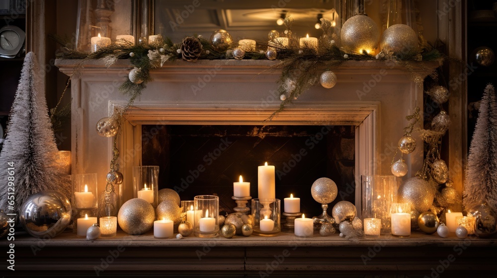  a mantle with candles and ornaments on it in front of a fireplace.  generative ai