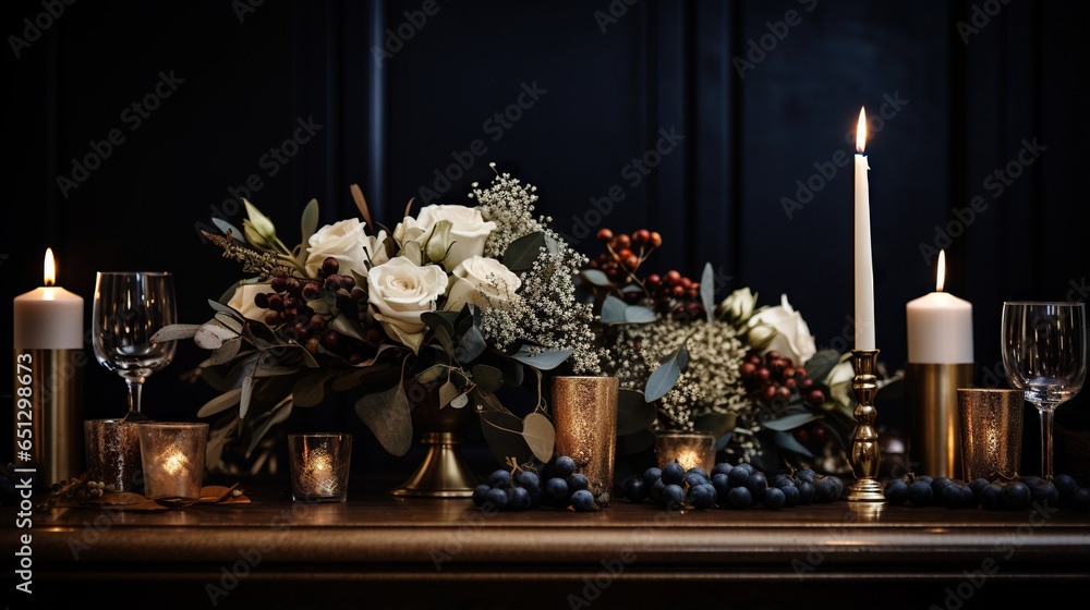  a table topped with candles and flowers next to a bunch of grapes.  generative ai