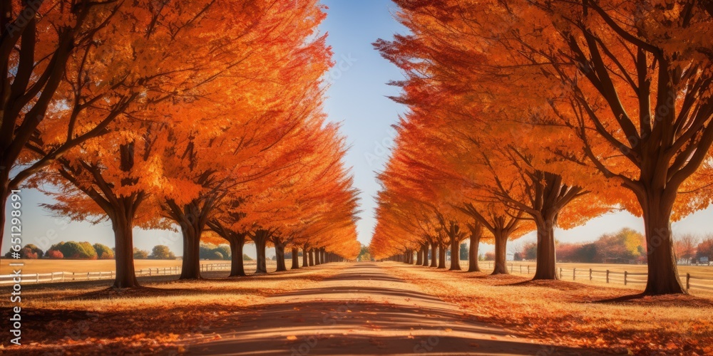 orange and yellow leaves. fall season. Road, driveway, path, boulevard, byway, route, track, trail, street, row of trees. - obrazy, fototapety, plakaty 