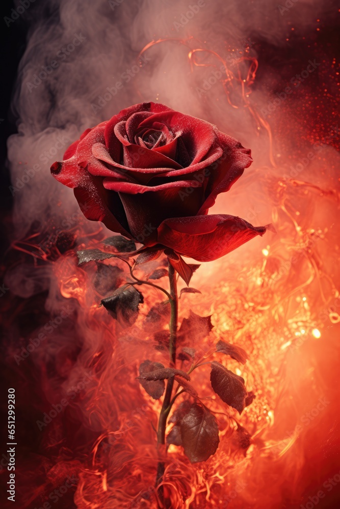 burning blood red rose closeup. smoke, ashes, fire, flames, embers, powder, explosion, mist, fog, fantasy, surreal, abstract.  - obrazy, fototapety, plakaty 
