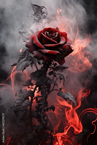 black ashes on a red rose. smoke, ashes, fire, flames, embers, powder, explosion, mist, fog, fantasy, surreal, abstract. 