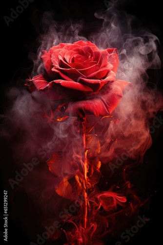 red flaming rose and petals. smoke, ashes, fire, flames, embers, powder, explosion, mist, fog, fantasy, surreal, abstract. 