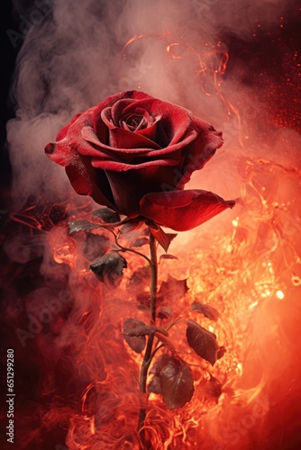 burning blood red rose closeup. smoke, ashes, fire, flames, embers, powder, explosion, mist, fog, fantasy, surreal, abstract. 