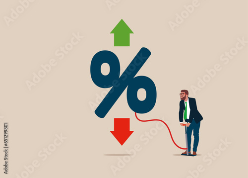 Businessman pumps up a balloon of percentage icon. Exchange transfer rate. Flat vector illustration