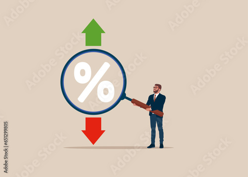 Exchange transfer rate. Businessman with a magnifying glass to view to percentage icon inside, up and down arrow. Vector illustration