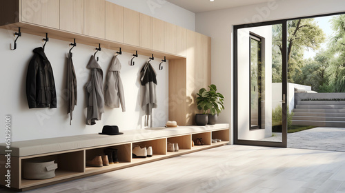 A chic, modern mudroom with a white backdrop, offering organized storage solutions, benches for seating, and hooks for outerwear, all lit by welcoming natural light © Alin